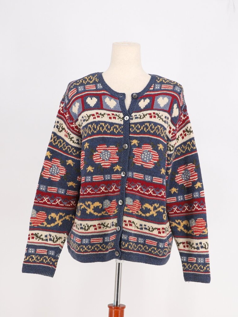 TALBOTS Vintage Hand Knit Heart Patriotic Cotton Linen Blend Cardigan Sweater Mp